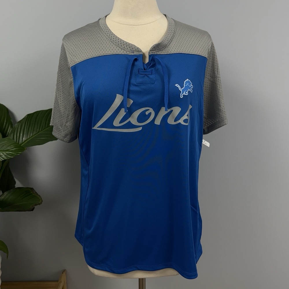 NWT Detroit Lions Slinky Tie Neck Jersey Shirt Women's 2XL Blue & Gray Mesh NFL